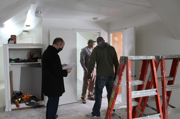 Nick Glew (left) and Dustin Kern (center) checking in at the site